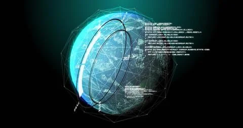 Image of digital globe with futuristic data and geometric shapes surrounding it Stock Illustration