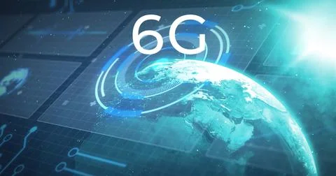 Image of digital globe with futuristic interface elements for 6G technology Stock Photos