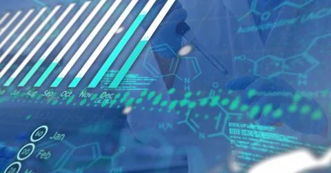 Image of digital globe, multiple graphs, programming data, molecular structure Foto stock