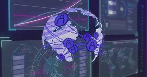 Image of digital globe with network connections over data processing screens Illustrazione stock