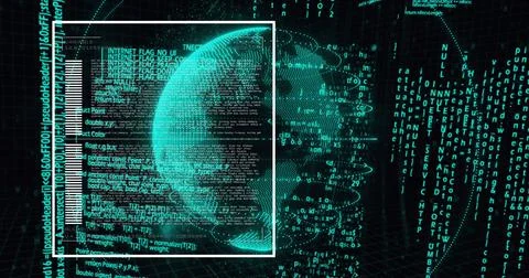 Image of digital globe rotating with moving computer programming language Stock Photos