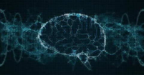 Image of a digital glowing blue 3d human brain and double helix DNA Stock Illustration