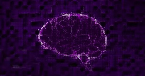 Image of a digital glowing pixelated purple 3d human brain spinning in seamless イラスト素材