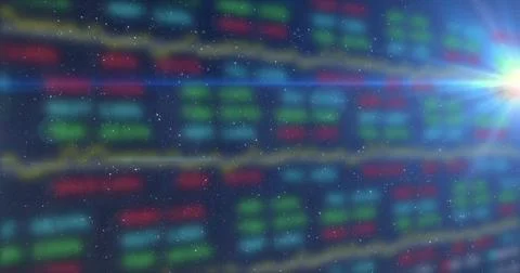 Image of digital grid pattern with line graph and trading board against colorful Stock Illustration