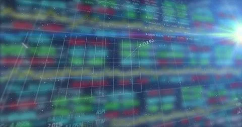 Image of digital grid pattern with line graph and trading board against colorful Stock Illustration