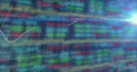 Image of digital grid pattern with line graph and trading board against colorful Stock Illustration