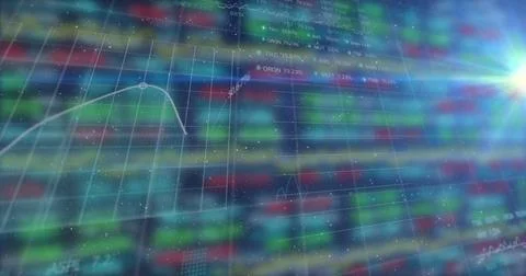 Image of digital grid pattern with line graph and trading board against colorful Stock Illustration