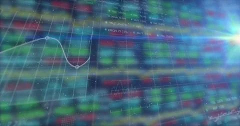 Image of digital grid pattern with line graph and trading board against colorful Illustrazione stock