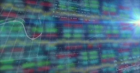 Image of digital grid pattern with line graph and trading board against colorful Illustrazione stock