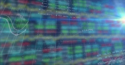 Image of digital grid pattern with line graph and trading board against colorful Stock Illustration