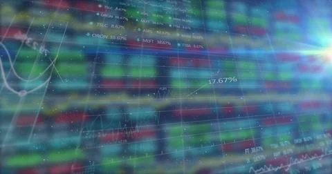Image of digital grid pattern with line graph and trading board against colorful Illustrazione stock