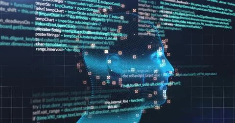 Image of digital head and data processing on black background Illustrazione stock