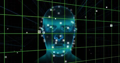 Image of digital head and data processing on black background 库存插图