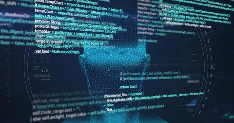 Image of digital head and data processing on blue background Stock Illustration