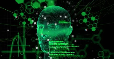 Image of digital head and data processing on black background Illustrazione stock