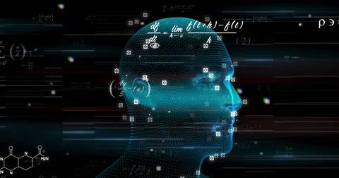 Image of digital head and mathematical equations on black background Stock Illustration
