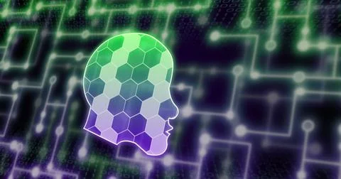 Image of digital head over network of connections and binary coding Stock Illustration