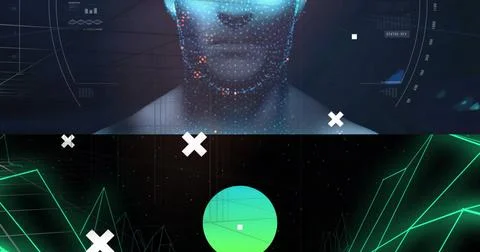 Image of digital human head with glowing dots and geometric shapes in background Stock Illustration
