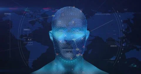 Image of digital human model over scope scanning with world map on black Stock Illustration