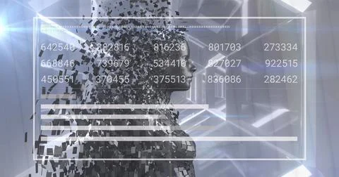 Image of digital human, numbers and sound bars over hexagon pattern looping Illustrazione stock