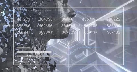 Image of digital human, numbers and sound bars over hexagon pattern looping Stock Illustration