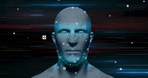 Image of digital human over shapes and light trails Stock Illustration
