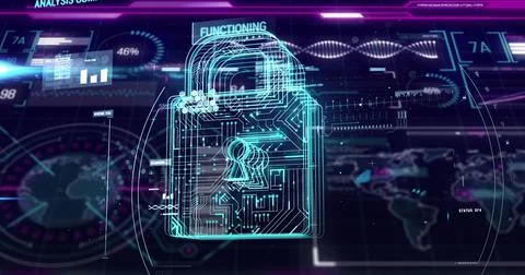 Image of digital icon and data processing on interface 库存插图