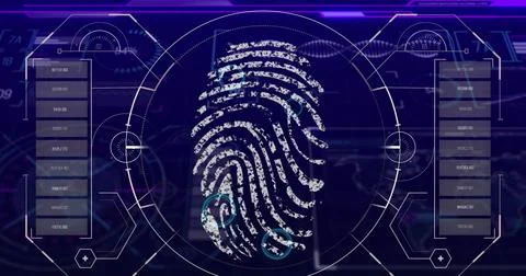 Image of digital icon and data processing on interface 스톡 일러스트