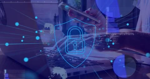 Image of digital icon and data processing over woman using smartphone and laptop Stock Illustration