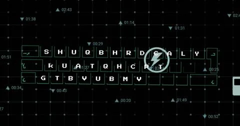 Image of a digital icon and data processing over grid network against black Foto stock