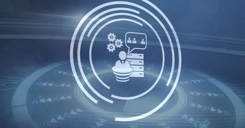 Image of  a digital icon over round scanner and light spot against blue 스톡 일러스트