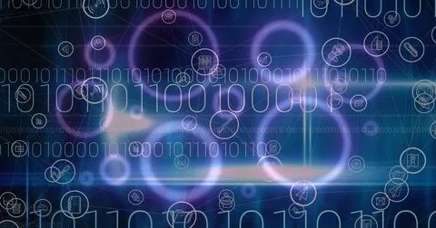 Image of digital icons and binary coding over purple glowing circles in Stockillustratie
