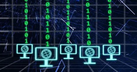 Image of digital icons and binary coding data processing over dark background 库存照片