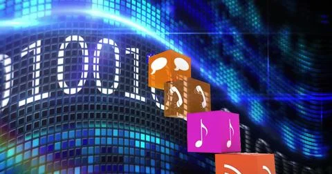 Image of digital icons and binary coding data processing over dark background Stock Photos