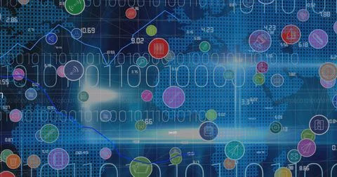 Image of digital icons and data processing with binary coding over world map in Illustrazione stock