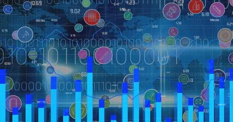 Image of digital icons and data processing with binary coding over world map in Illustrazione stock