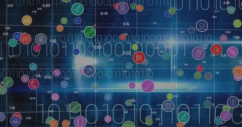 Image of digital icons and data processing with binary coding over world map in Illustrazione stock