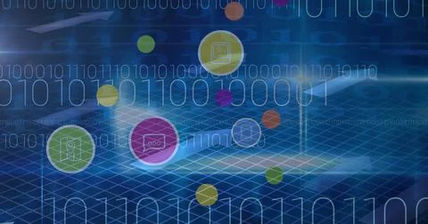 Image of digital icons and data processing with binary coding over arrows on Illustrazione stock