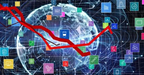 Image of digital icons and data processing with red lines over globe in 스톡 일러스트