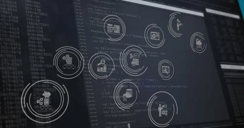 Image of digital icons and data processing over computer screens Stock Illustration