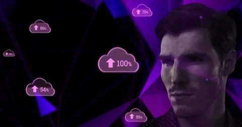 Image of digital icons and data processing over man on interface 库存插图