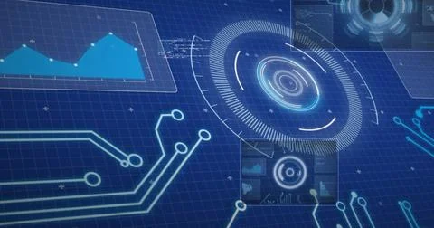 Image of digital icons and data processing on interface Illustrazione stock