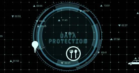 Image of digital icons and data protection text banner over round scanner on Stock Illustration