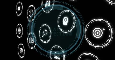 Image of digital icons and data processing over scope scanning on black Illustrazione stock