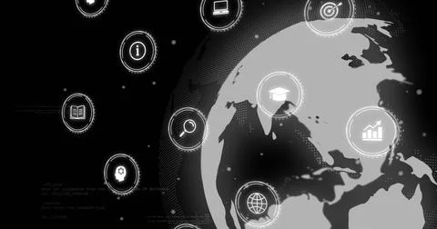 Image of digital icons and data processing over globe on black background Illustrazione stock