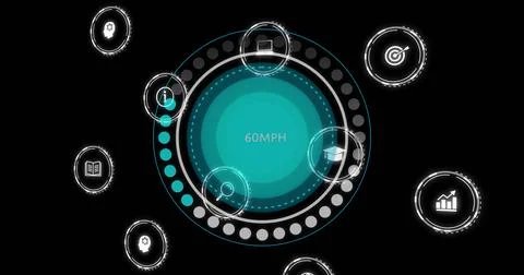 Image of digital icons and data processing over scope scanning on black Illustrazione stock