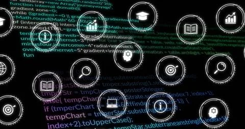 Image of digital icons and data processing over black background Stock Illustration