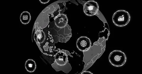 Image of digital icons and data processing over globe on black background 스톡 일러스트