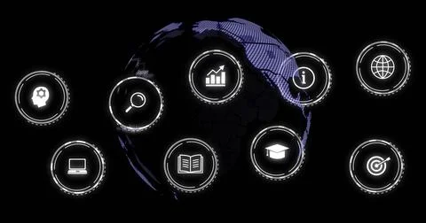 Image of digital icons and data processing over globe on black background イラスト素材