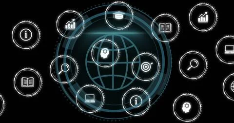 Image of digital icons and data processing over globe on black background Stock Illustration